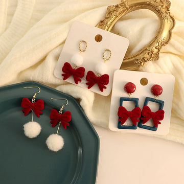 DAIIIBABYYY  -  Women New Year Christmas Wine Red Velvet Bow Earrings Korean Fashion Girls White Plush Ball Dangle Earring Jewelry Gift